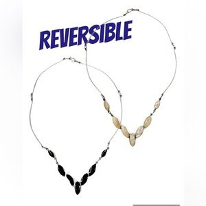 REVERSIBLE Onyx & Mother Of Pearl Vintage Silver Tone 18” Necklace